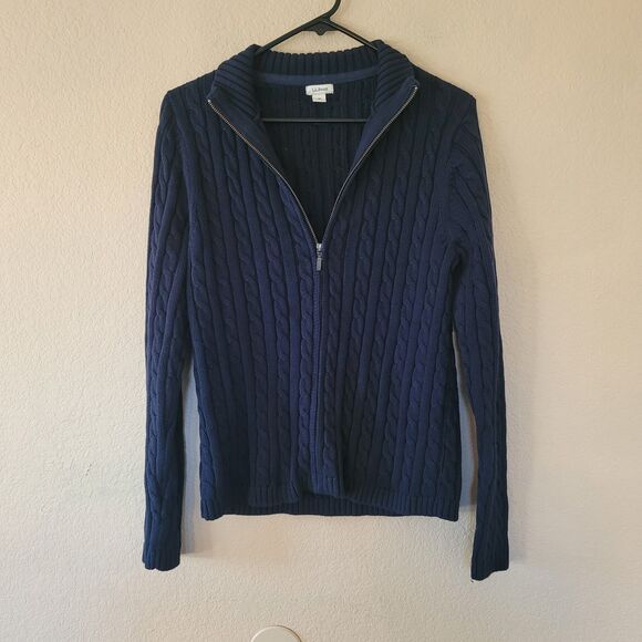 L. L. Bean Blue Cable Knit Zip Up Sweater Womens Medium 243978 Fisherman Outdoor - Picture 1 of 6